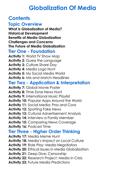 Globalization Of Media Worksheet Activity Booklet