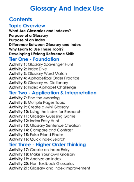 Glossary And Index Use Worksheet Activity Booklet