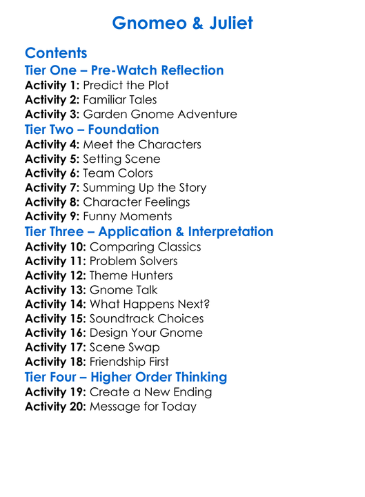 Gnomeo Juliet Worksheet Activity Booklet