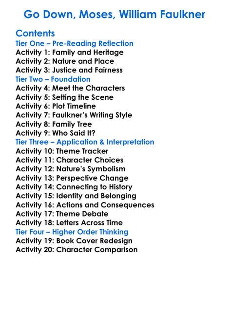 Go Down Moses William Faulkner Worksheet Activity Booklet