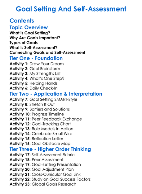 Goal Setting And Self-Assessment Worksheet Activity Booklet