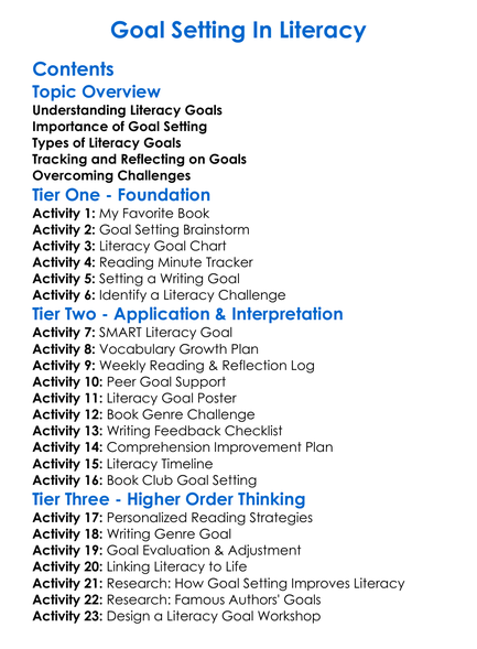 Goal Setting In Literacy Worksheet Activity Booklet