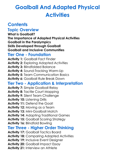 Goalball And Adapted Physical Activities Worksheet Activity Booklet