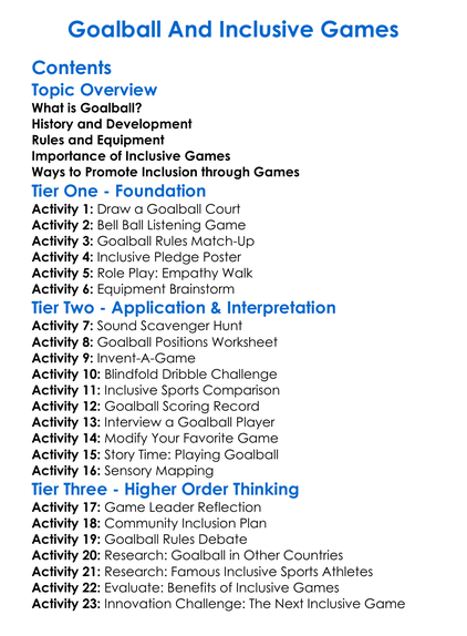 Goalball And Inclusive Games Worksheet Activity Booklet