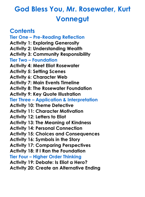 God Bless You Mr Rosewater Kurt Vonnegut Worksheet Activity Booklet