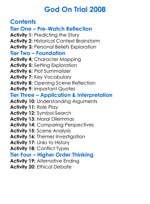 God On Trial 2008 Worksheet Activity Booklet