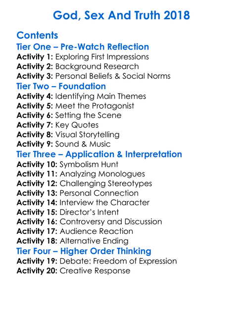 God Sex And Truth 2018 Worksheet Activity Booklet