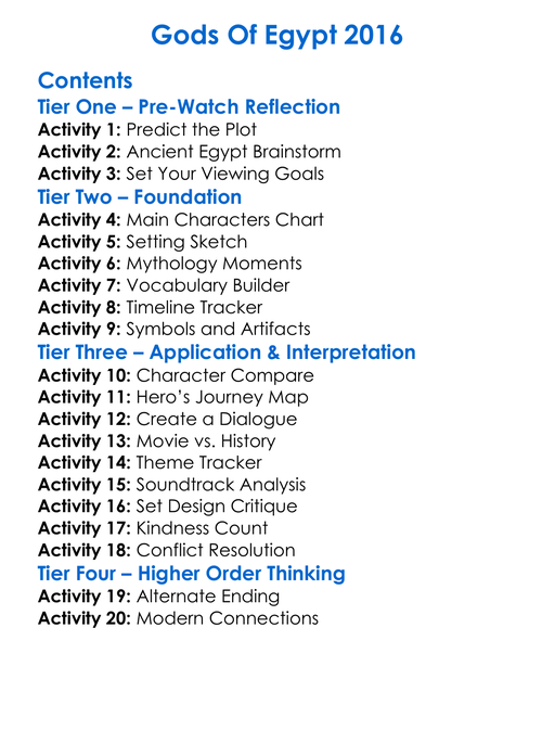 Gods Of Egypt 2016 Worksheet Activity Booklet