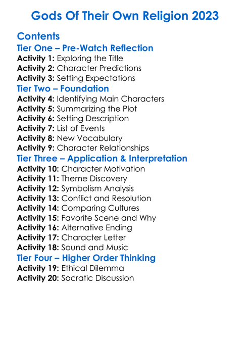 Gods Of Their Own Religion 2023 Worksheet Activity Booklet