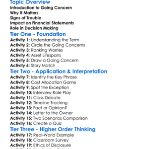 Going Concern Assumption Worksheet Activity Booklet