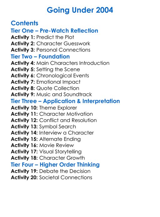 Going Under 2004 Worksheet Activity Booklet