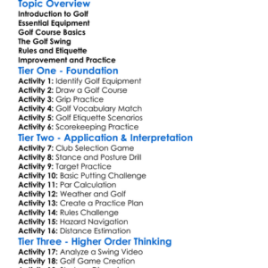 Golf Fundamentals Worksheet Activity Booklet