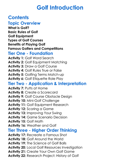 Golf Introduction Worksheet Activity Booklet