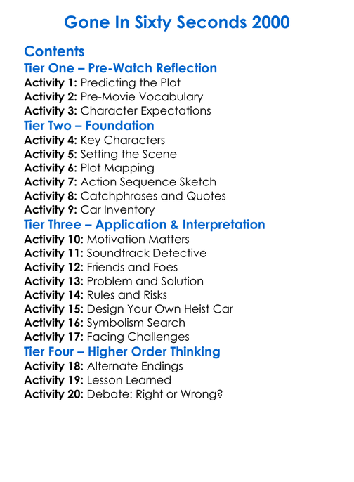 Gone In Sixty Seconds 2000 Worksheet Activity Booklet