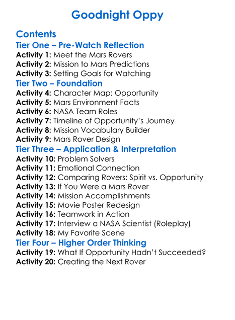 Goodnight Oppy Worksheet Activity Booklet