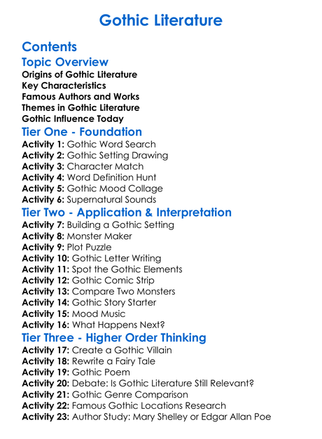 Gothic Literature Worksheet Activity Booklet