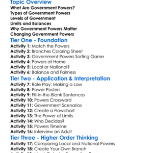 Government Powers Worksheet Activity Booklet