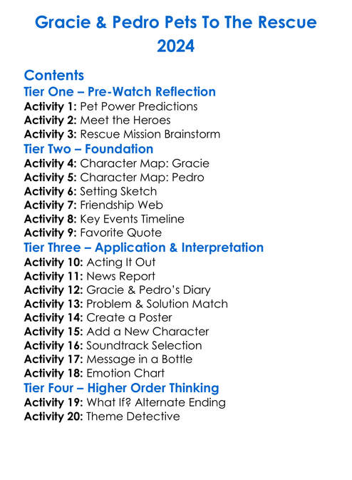 Gracie Pedro Pets To The Rescue 2024 Worksheet Activity Booklet