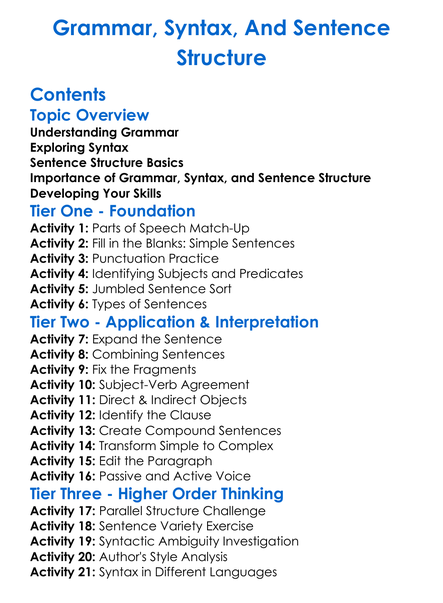 Grammar Syntax And Sentence Structure Worksheet Activity Booklet