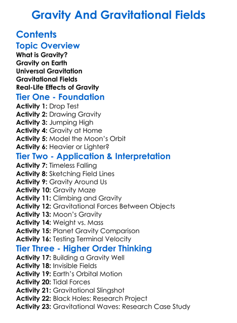 Gravity And Gravitational Fields Worksheet Activity Booklet