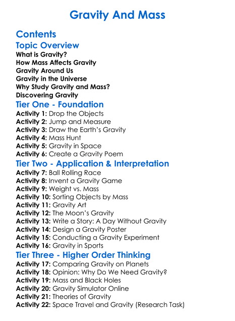 Gravity And Mass Worksheet Activity Booklet