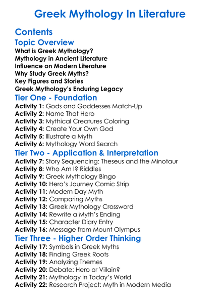 Greek Mythology In Literature Worksheet Activity Booklet