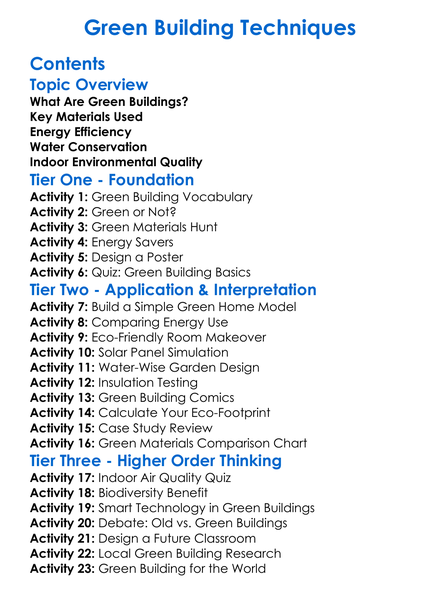 Green Building Techniques Worksheet Activity Booklet