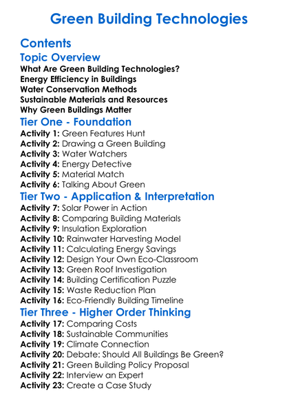 Green Building Technologies Worksheet Activity Booklet