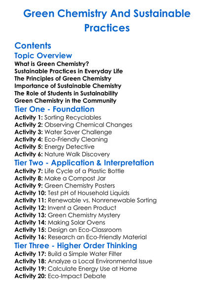 Green Chemistry And Sustainable Practices Worksheet Activity Booklet