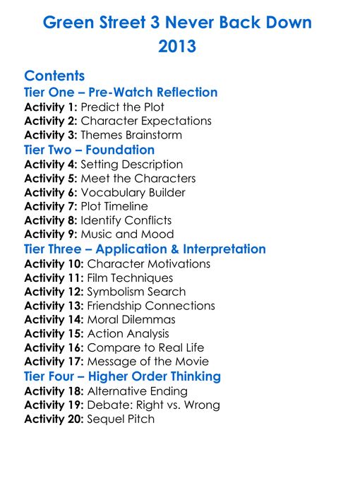 Green Street 3 Never Back Down 2013 Worksheet Activity Booklet