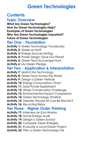 Green Technologies Worksheet Activity Booklet