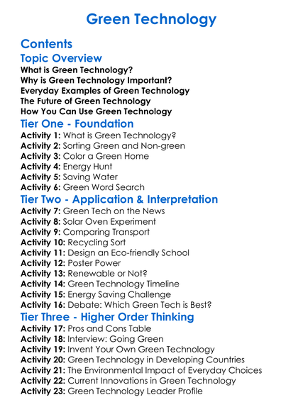 Green Technology Worksheet Activity Booklet