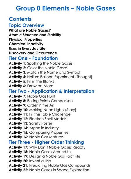 Group 0 Elements Noble Gases Worksheet Activity Booklet