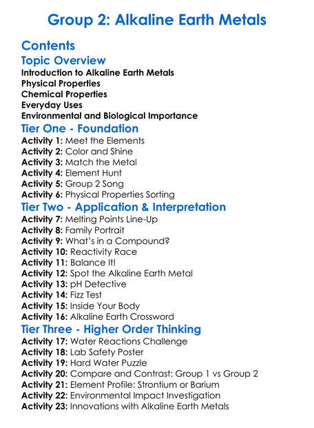 Group 2 Alkaline Earth Metals Worksheet Activity Booklet