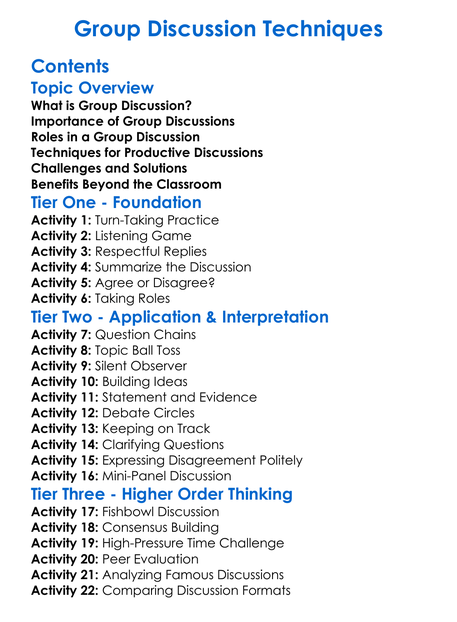 Group Discussion Techniques Worksheet Activity Booklet