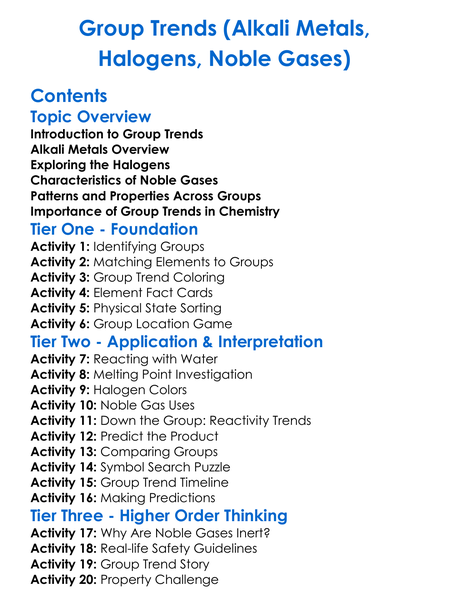 Group Trends Alkali Metals Halogens Noble Gases Worksheet Activity Booklet