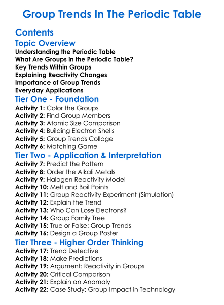 Group Trends In The Periodic Table Worksheet Activity Booklet
