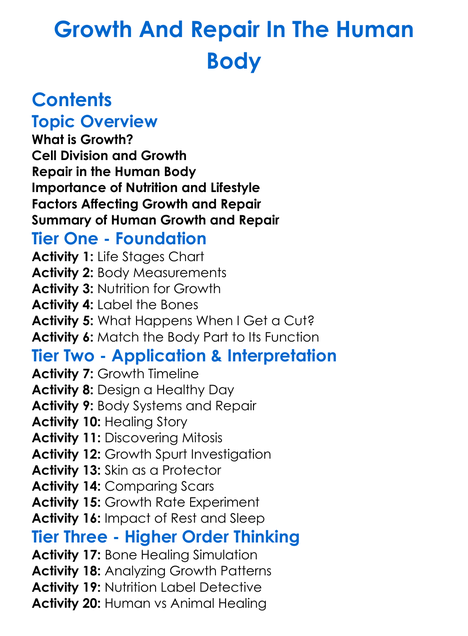 Growth And Repair In The Human Body Worksheet Activity Booklet