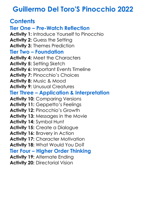 Guillermo Del Toros Pinocchio 2022 Worksheet Activity Booklet
