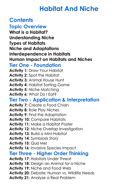 Habitat And Niche Worksheet Activity Booklet