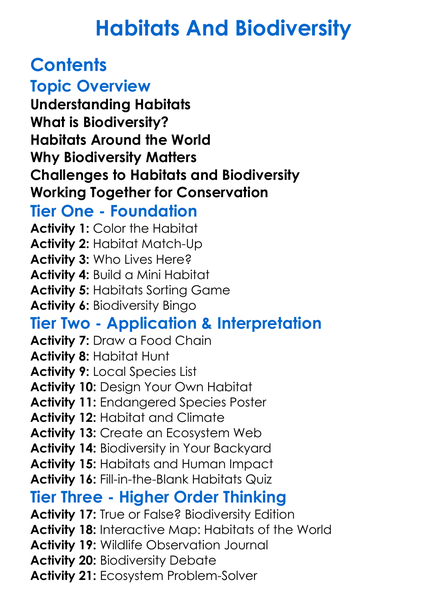 Habitats And Biodiversity Worksheet Activity Booklet