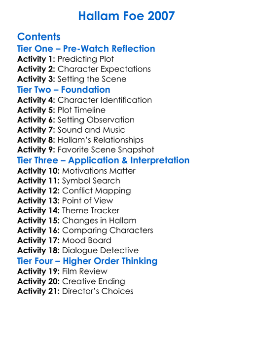 Hallam Foe 2007 Worksheet Activity Booklet