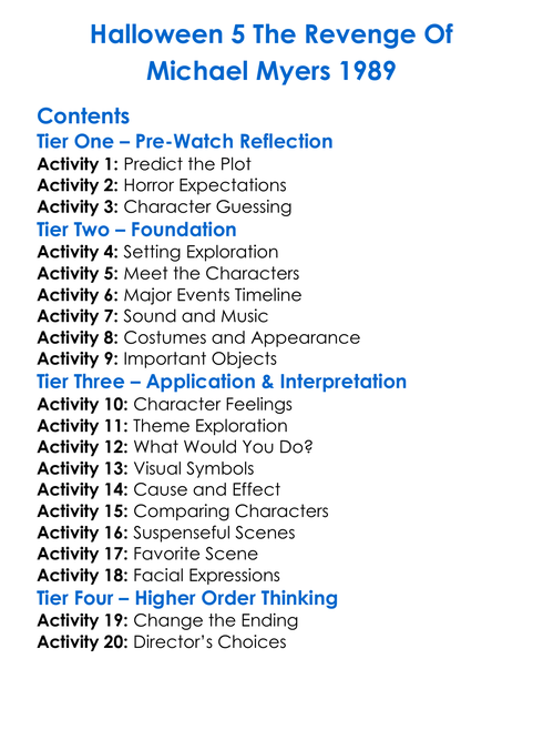 Halloween 5 The Revenge Of Michael Myers 1989 Worksheet Activity Booklet