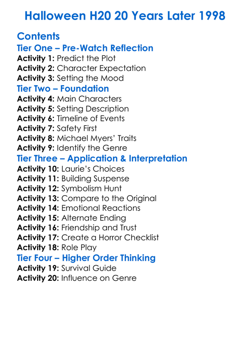 Halloween H20 20 Years Later 1998 Worksheet Activity Booklet