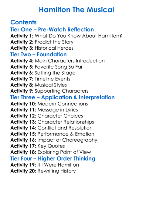 Hamilton The Musical Worksheet Activity Booklet