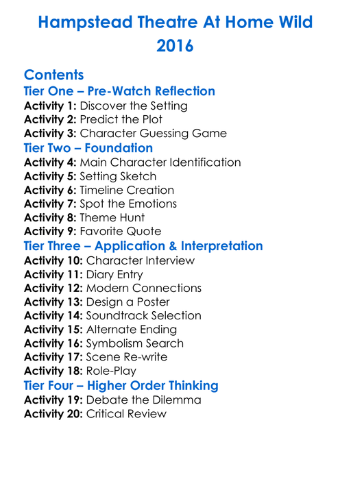 Hampstead Theatre At Home Wild 2016 Worksheet Activity Booklet