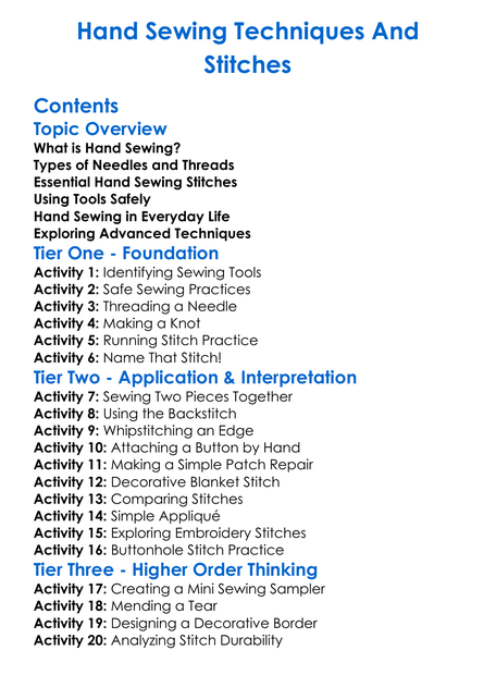 Hand Sewing Techniques And Stitches Worksheet Activity Booklet