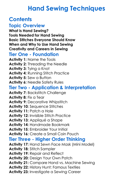 Hand Sewing Techniques Worksheet Activity Booklet