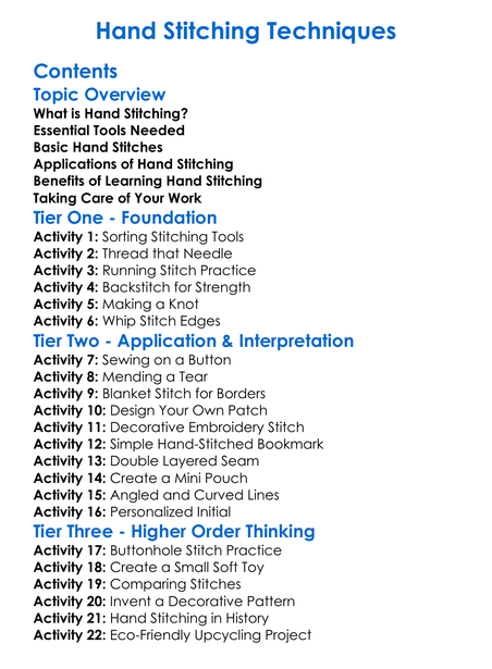 Hand Stitching Techniques Worksheet Activity Booklet