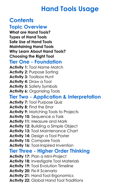 Hand Tools Usage Worksheet Activity Booklet
